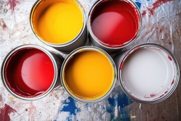 top view of paint cans in red, orange, yellow colors