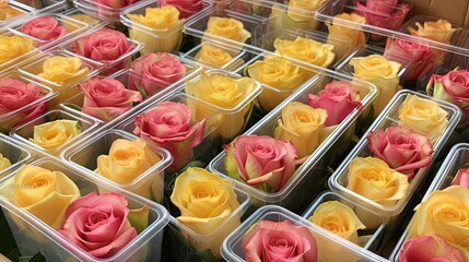 Yellow and pink roses in plastic boxes transport and storage for sale in flower shops - obrazy, fototapety, plakaty