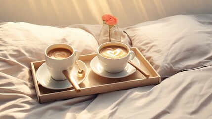 Coffee in mugs in the shape of a heart on a tray lie on a white bed. In the morning, the sun's rays illuminate the cups and a crumpled white sheet.