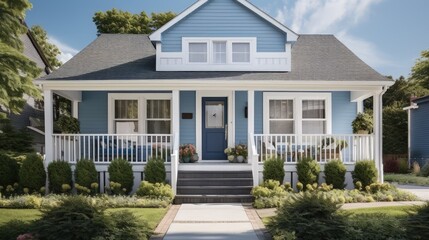 Exterior of a suburban home with blue siding, a white front porch, and white shutters. - obrazy, fototapety, plakaty