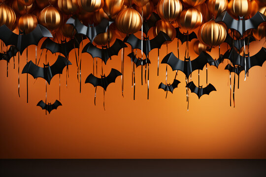 Halloween and decoration concept - paper bats flying. Above view over an orange banner background with copy space