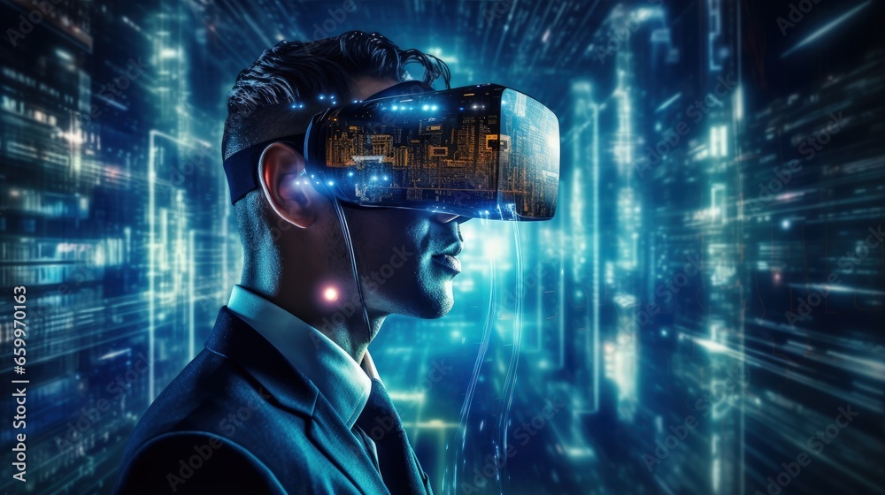 Leinwandbilder programmer in virtual reality glasses writing code for computer app engineering software coding vr vision headset innovation