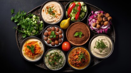 Fototapeta na wymiar Middle eastern or arabic dishes and assorted meze on a dark background. Meat kebab, falafel, baba ghanoush, hummus, rice with vegetables, sambusak, kibbeh, pita. Halal food. Space for text. Top view