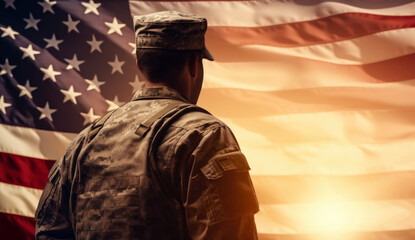Fototapeta premium Soldier standing in front of American flag during sunset