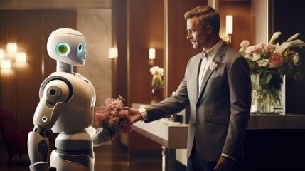 smart hotel in hospitality industry 4.0 technology concept, robot butler (robot assistant) use for greet arriving guests, deliver customer, items to rooms, give information, support variety languages - obrazy, fototapety, plakaty