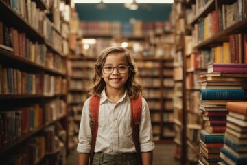A young girl smiles brightly in a study room full of books.