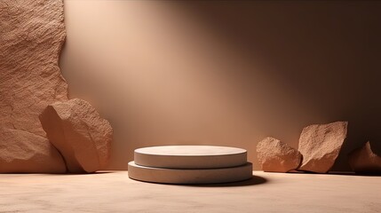 3D podium stone display on brown background. Beige rock, cosmetic beauty product promotion pedestal with sun shadow. Nature landscape showcase. Abstract minimal studio 3D render