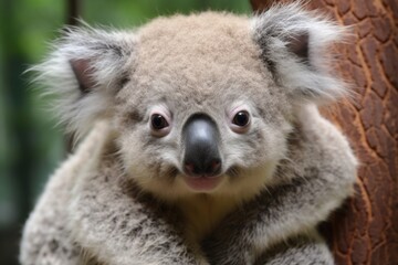 koala carrying its baby on its back on a eucalyptus tree