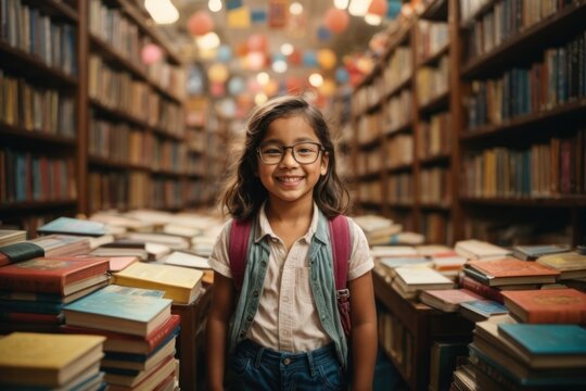 A young girl smiles brightly in a study room full of books.
