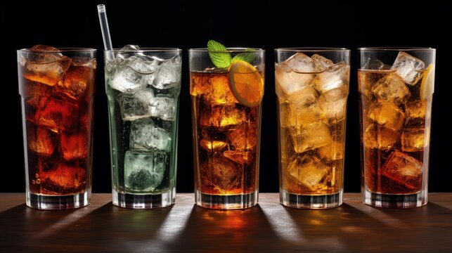 Glasses of sweet carbonated drinks with ice cubes isolated on white. With clipping path