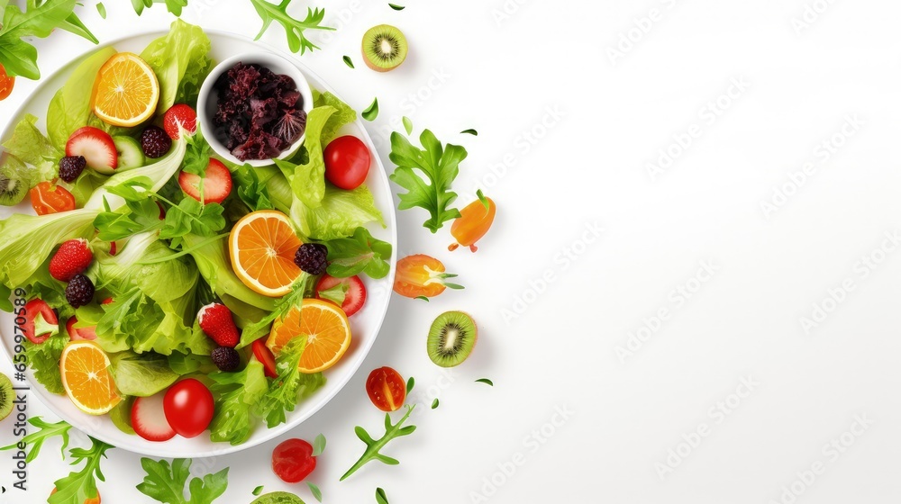 Poster fresh salad with fruits and greens on white background top view with space for text. healthy food.