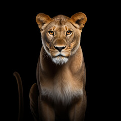 Lioness sitting looking at the camera on a black background
