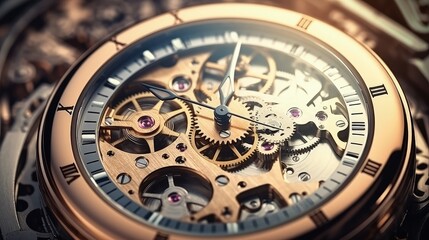 Startup on Pocket Watch Face with Close View of Watch Mechanism. Time Concept. Vintage Effect.