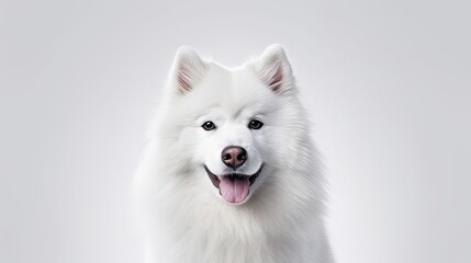 Flyer. Looks happy, delighted. Portrait of breed dog, fluffy snow-white Samoyed husky isolated on white studio background. Concept of animal, pets, care, fashion, vet, health. Copyspace for ad