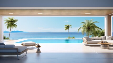 Sea view empty large living room of luxury summer beach house with swimming pool near terrace. Big white wall background in vacation home or holiday villa. 3D Rendering