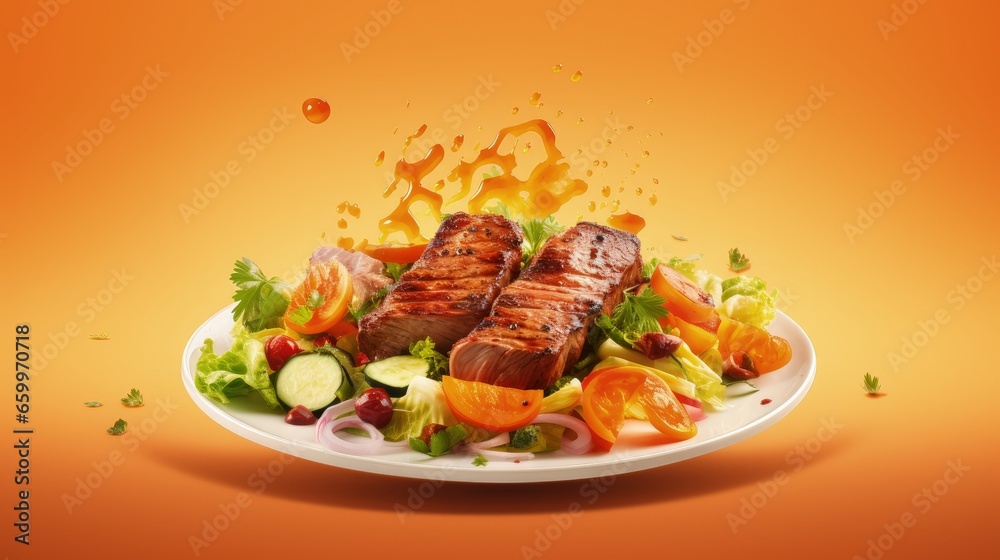 Poster floating white plate with mixed meat grilled and salad on orange gradient background