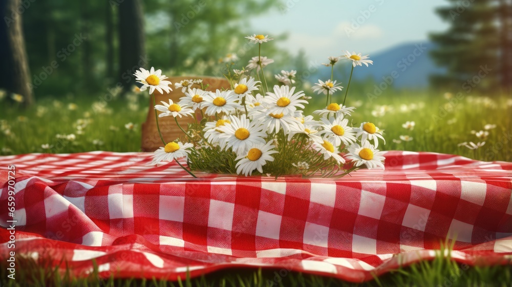 Poster red picnic cloth. red checked picnic blanket on a meadow with daisies in bloom. beautiful backdrop f