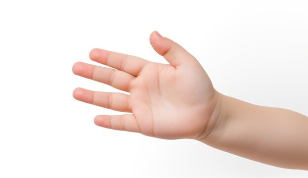 Palm open. Children's hand, palm gesturing isolated on white studio background with copyspace for your advertising. Little girl's hand with signs. Childhood, education, sales, ad, expression concept