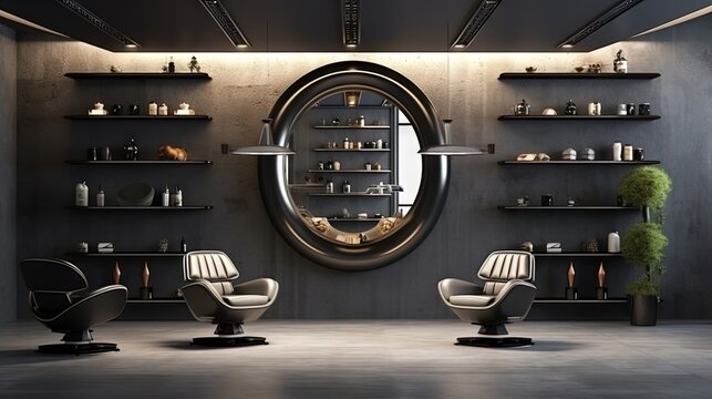Dark minimalist barbershop interior with spinning armchairs in row, side view on grey concrete floor. Oval mirrors and shelves with accessories. Panoramic window on countryside. 3D rendering