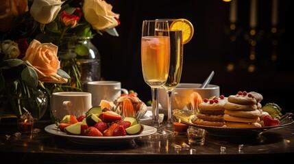 Luxury food and drinks on wedding table. Shallow DOF