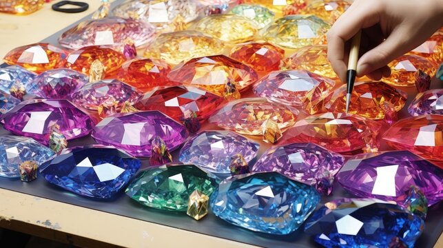 Handmade creative process of creating and collecting 3D painting from acrylic multicolored square rhinestones
