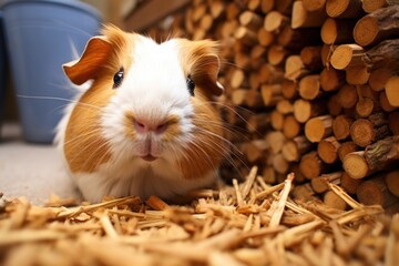 guinea pig in a cage with safe wood shavings