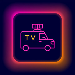 Glowing neon line TV News car with equipment on the roof icon isolated on black background. Colorful outline concept. Vector