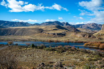 View of the Limay River amphitheater from Route 40 (237), on an autumn morning. Argentine Patagonia.