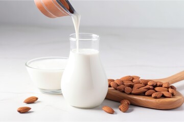 almond milk dripping off a wooden spoon onto a white table - obrazy, fototapety, plakaty