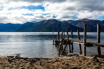 Pier made of logs on Lake Traful, Villa Traful, Neuquén, Patagonia Argentina