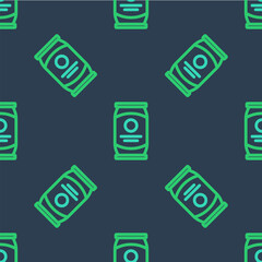 Line Beer can icon isolated seamless pattern on blue background. Vector