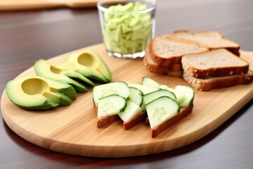 cut avocados next to sliced toasted bread on board