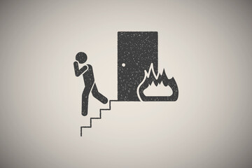 Fire, man, stairs icon vector illustration in stamp style