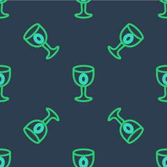 Line Medieval goblet icon isolated seamless pattern on blue background. Holy grail. Vector