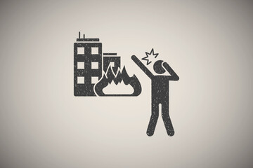 Building in fire, man cry icon vector illustration in stamp style