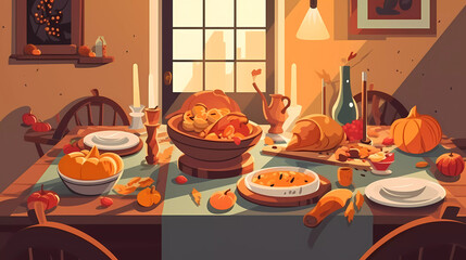 Thanksgiving Day dinning table,chickens,tomato and drinks.Flat illustration.