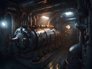 dark blue industrial interior with pipes machine