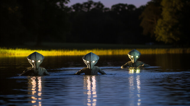 Two aliens sitting by the lake waiting for the mother shit to return. Sunset, dust, night time, quality photography, image sharp/in-focus image, shot with a Canon EOS 5D Mark IV DSLR camera
