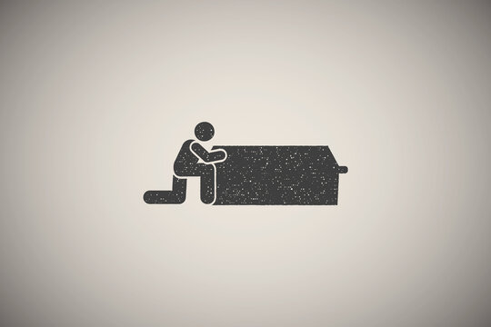Man dead coffin funeral grave icon vector illustration in stamp style