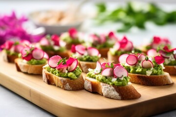 bruschetta with crushed avocado and thinly sliced radishes