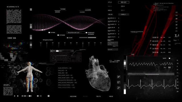 Medical HUD Analyzing cardiac diagnosis.DNA. Heard rate monitor. Futuristic Technological Interface. Sceleton MRI x ray Scan, 3D Model Animation.Healthcare.Type 2