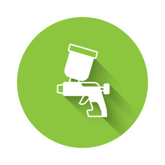 White Paint spray gun icon isolated with long shadow background. Green circle button. Vector
