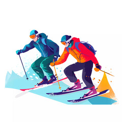 Men skier slides near mountain downhill. Winter sport activity.