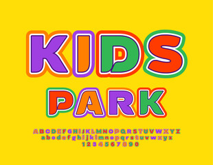 Vector bright emblem Kids Park with creative Alphabet. Funny colorful Font. Playful Letters and Numbers set