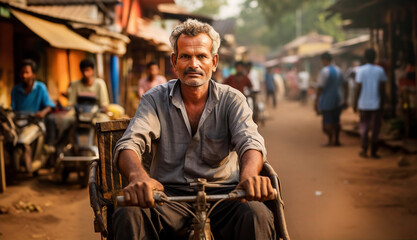 Portrait of Rickshaw driver on Indian street, local atmosphere, Asian culture and travel concept - obrazy, fototapety, plakaty