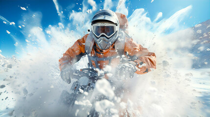 Obraz premium Motorcyclist riding bike in heavy snow, sport, hobby, healthy life style concept