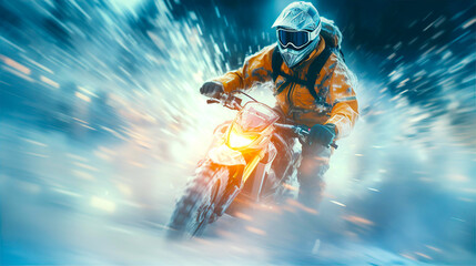 Motorcyclist riding bike in heavy snow, sport, hobby, healthy life style concept