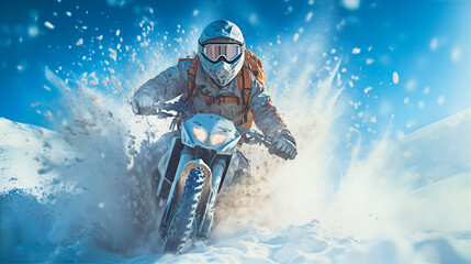 Motorcyclist riding bike in heavy snow, sport, hobby, healthy life style concept