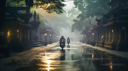 Motorcyclist on old Indian town street, local atmosphere, Asian culture and travel concept