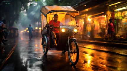Foto auf Glas Rickshaw on old Indian town street, local atmosphere, Asian culture and travel concept © IRStone